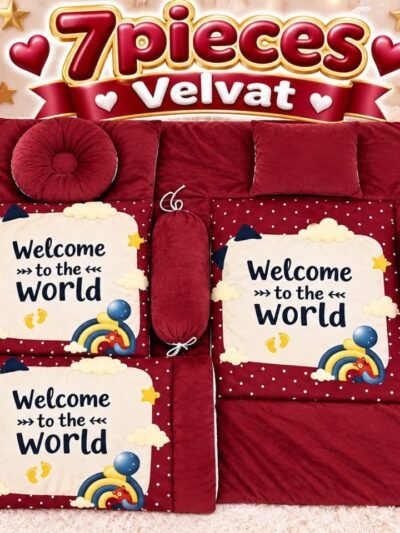 7-Piece Velvet Baby Bedding Set – Maroon Welcome Print