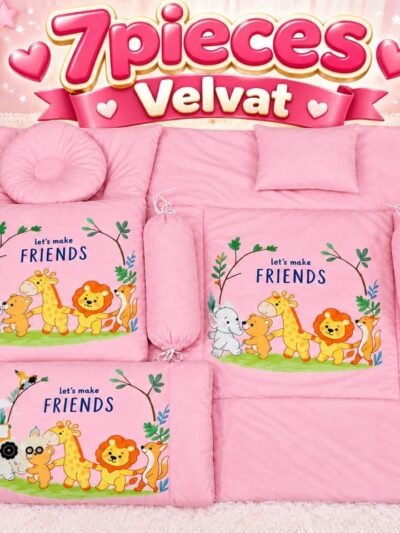7-Piece Velvet Baby Bedding Set – Pink Jungle Friends