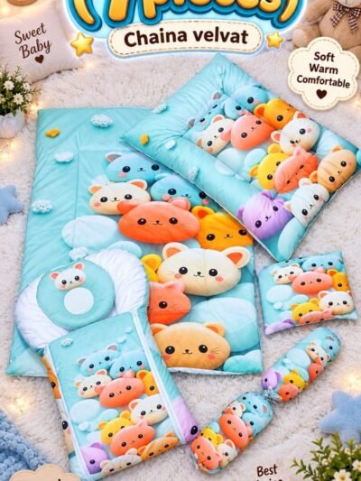 7-Piece China Velvet Baby Bedding Set – Blue Kitten Print