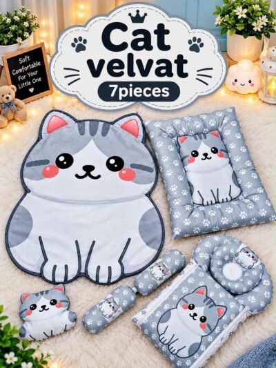 7-Piece Cat-Shaped Velvet Baby Play Mat Set – Grey