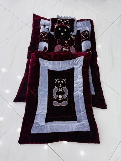Teddy Bear Velvet Baby Bedding Set – Maroon & Grey