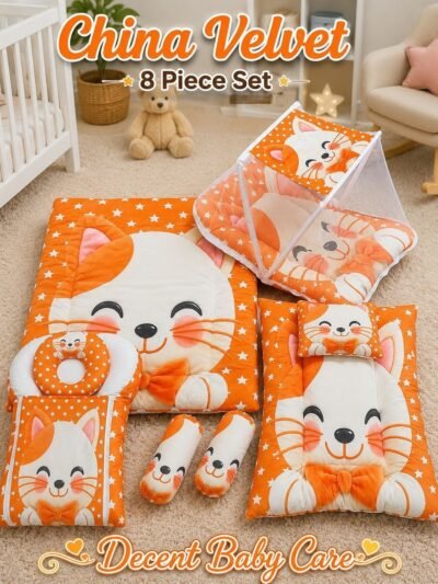 8-Piece China Velvet Baby Bedding Set with Mosquito Net – Orange Kitten